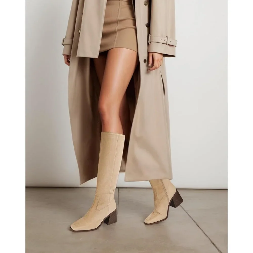 Women Nude Polyurethane Knee High Square Toe Side Zipper Block Heel Tall Boots